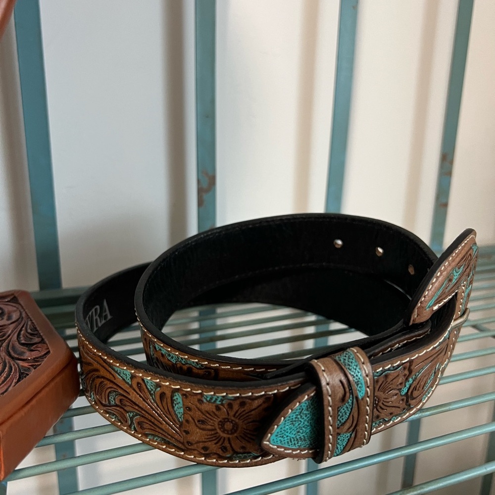 Hand-tooled Leather Black silver buckle Turquoise Belt Myra Bag Western boho M - Picture 6 of 8